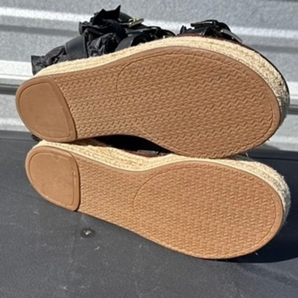 Michael Kors Black Leather Gladiator Espadrille Platform Sandals Gold Buckle - 7 - Picture 8 of 9